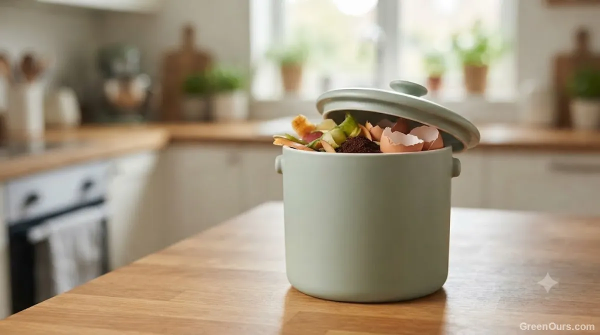 Small countertop compost bin filled with vegetable peels and coffee grounds