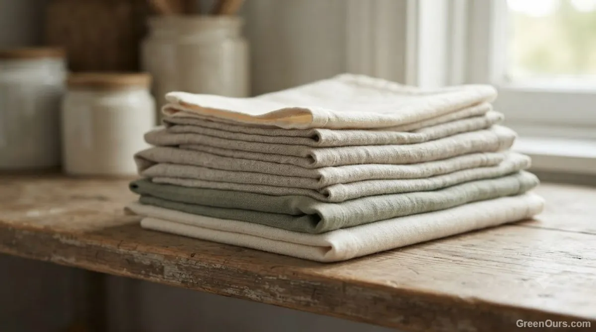 Stack of folded reusable cotton cloths next to a kitchen sink