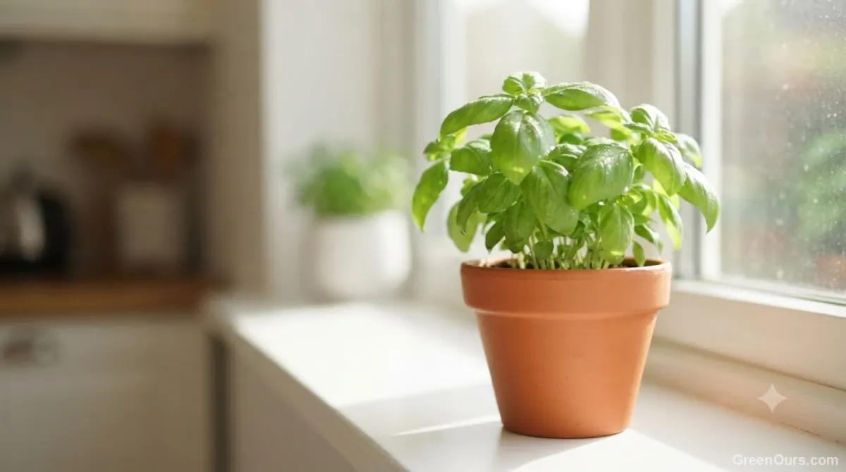 Small pot of basil growing on a sunny windowsill