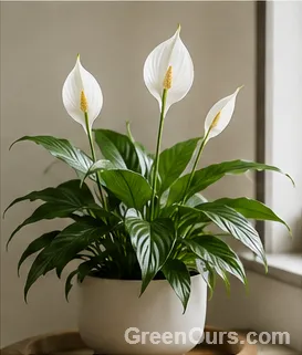Peace lily with white blooms in a ceramic planter