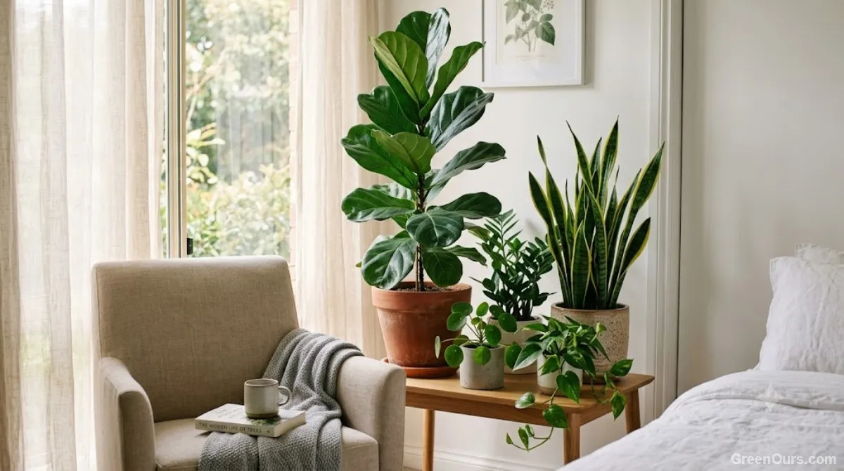 Cozy home corner with thriving houseplants of varying heights
