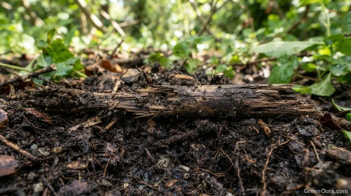 Partially decomposed bamboo toothbrush handle in a home compost pile