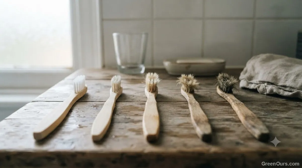 Several bamboo toothbrushes at different stages of wear lined up on a counter