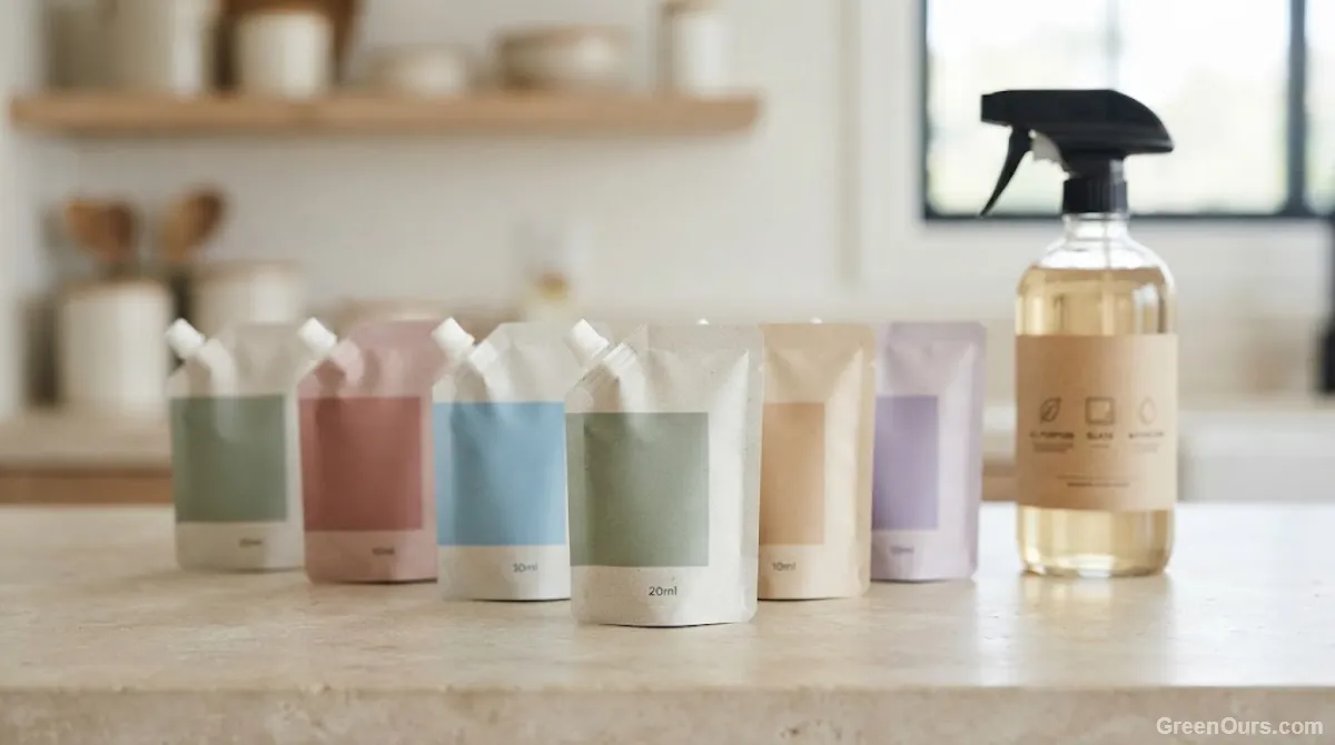 Small concentrated cleaning refill pouches lined up next to a reusable glass spray bottle