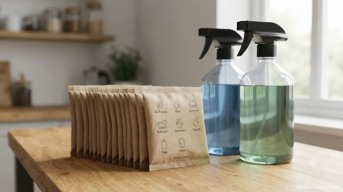 Flat cleaning concentrate pouches stacked compactly compared to bulky plastic spray bottles