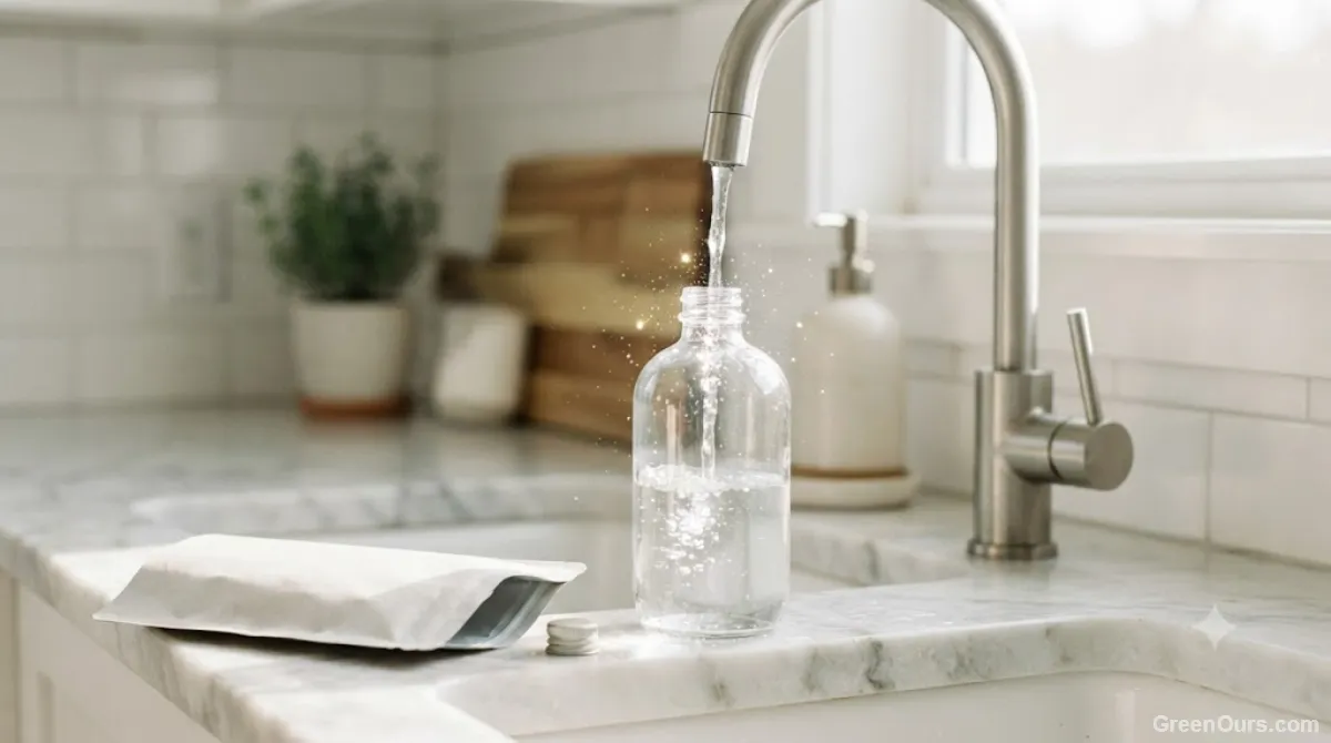 Person filling a labeled glass spray bottle with water from the tap next to a cleaning concentrate pouch