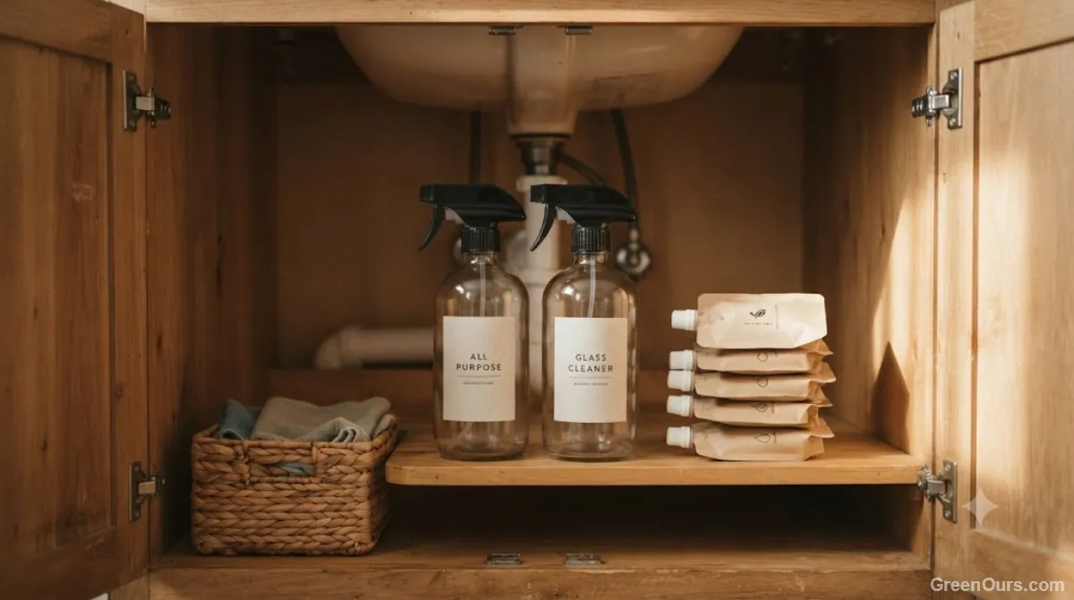A tidy under-sink cabinet with labeled reusable bottles and a small stack of cleaning concentrate refills