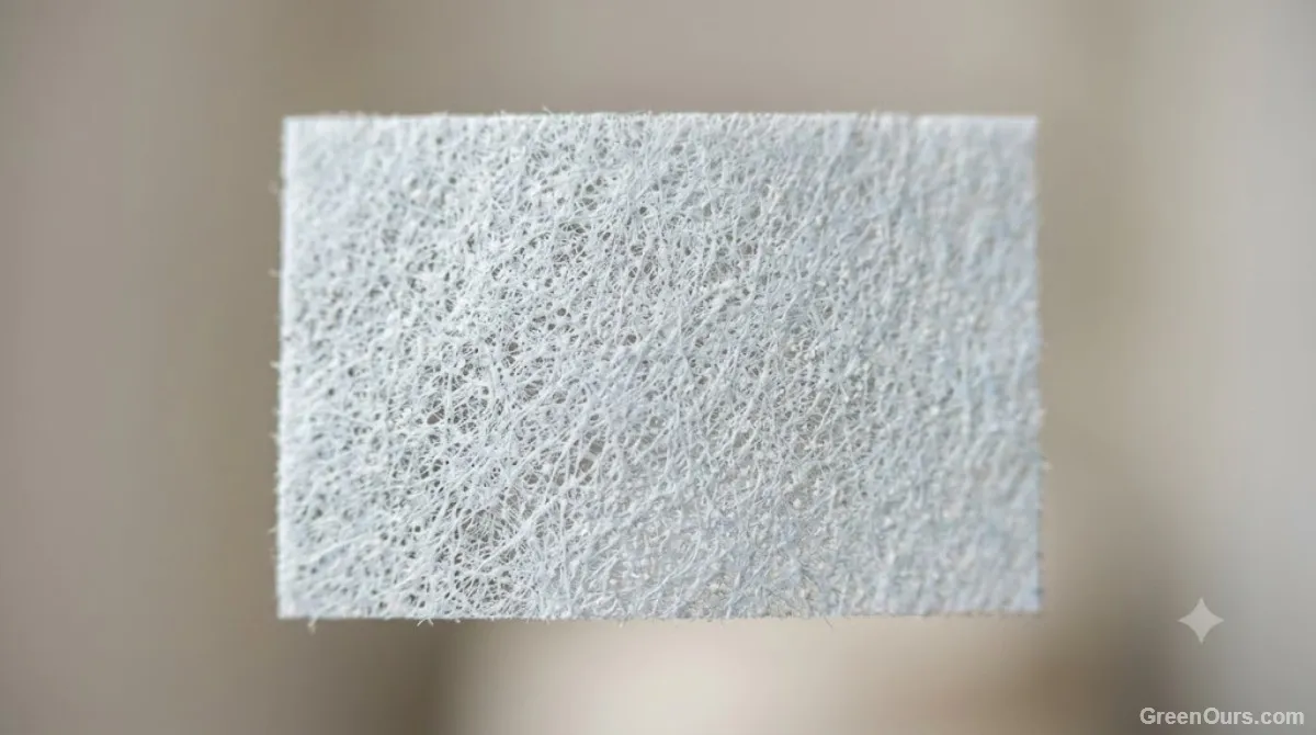 Close-up of a single dissolvable laundry detergent sheet held between two fingers
