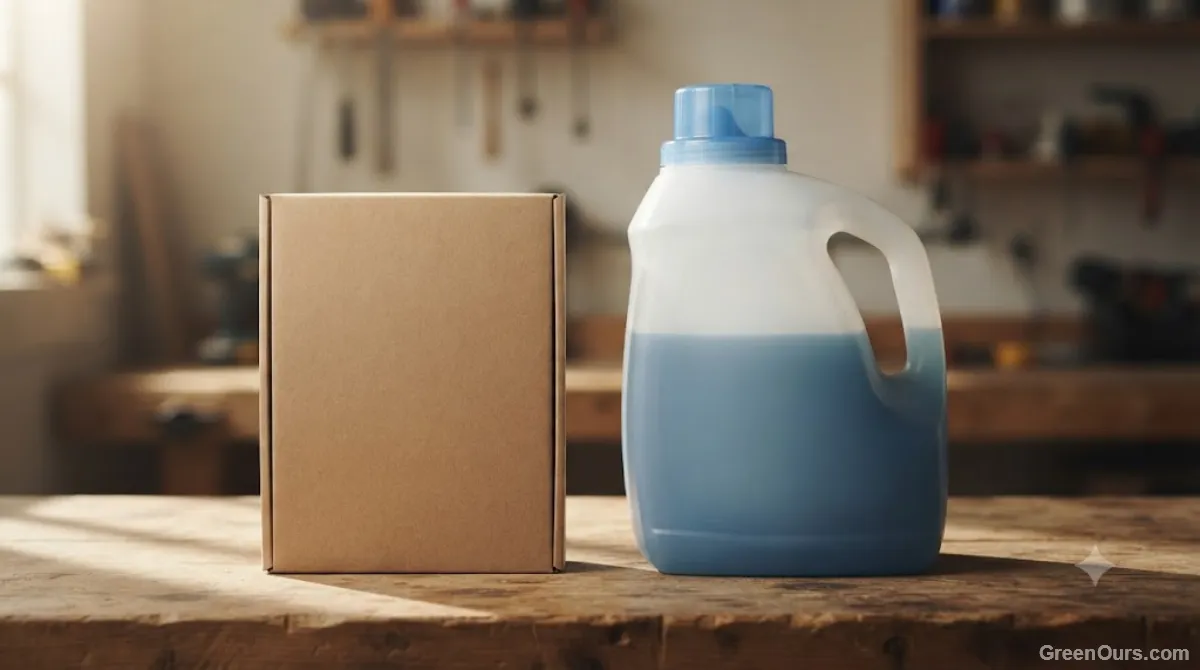 Flat box of laundry detergent sheets beside a bulky plastic liquid detergent jug