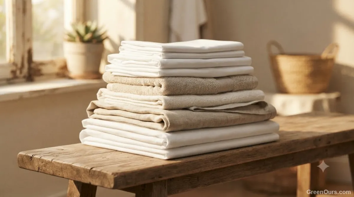 Neatly folded stack of clean laundry sitting in soft natural window light