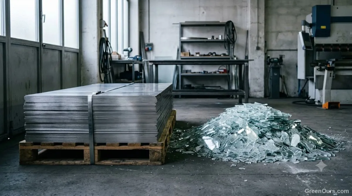 Raw stainless steel sheeting and glass materials used in reusable cup manufacturing