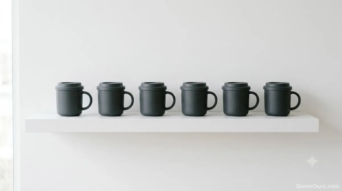 A row of identical reusable coffee cups lined up on a counter
