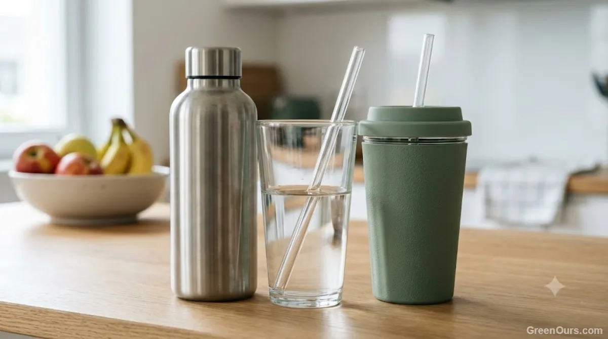 Stainless steel, glass, and plastic reusable coffee cups grouped together for comparison