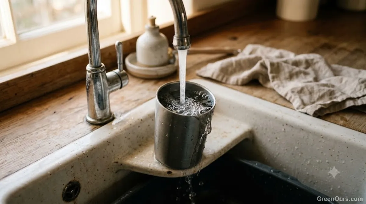 A reusable coffee cup being rinsed at a kitchen sink