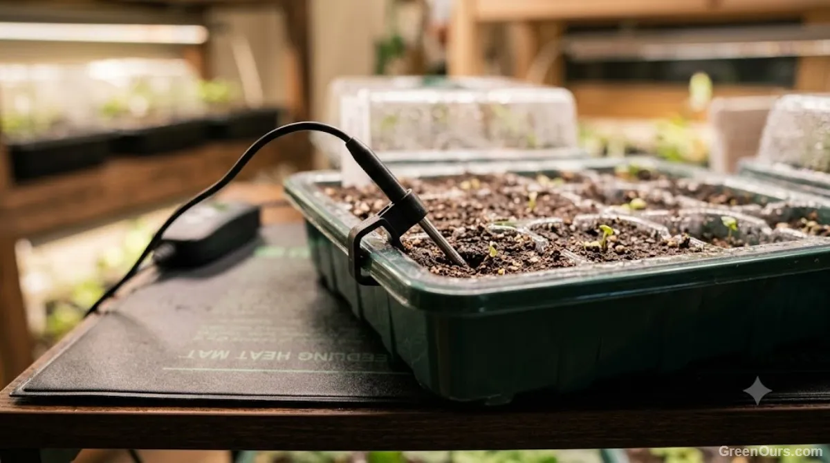Healthy seedlings under grow lights after the heat mat has been removed
