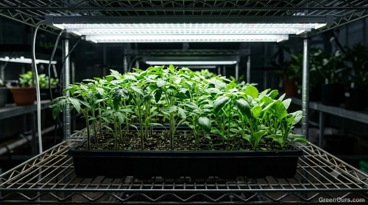 Soil probe thermometer inserted into seed-starting mix in a plastic tray