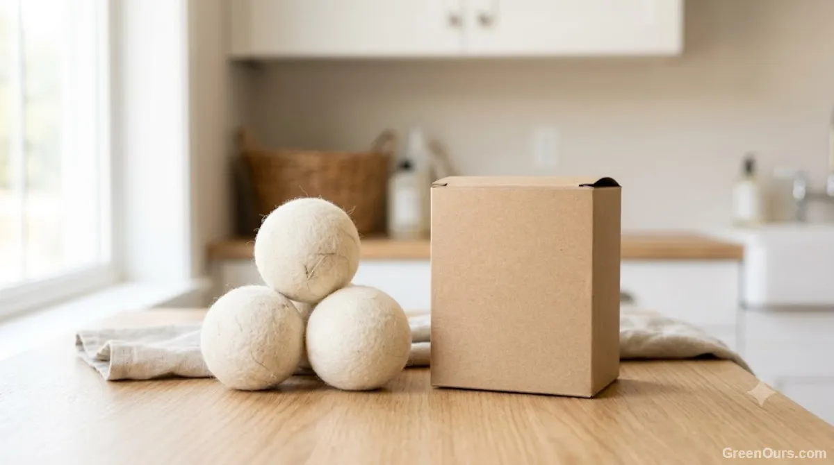 Felted wool dryer balls tumbling with towels inside an open dryer drum