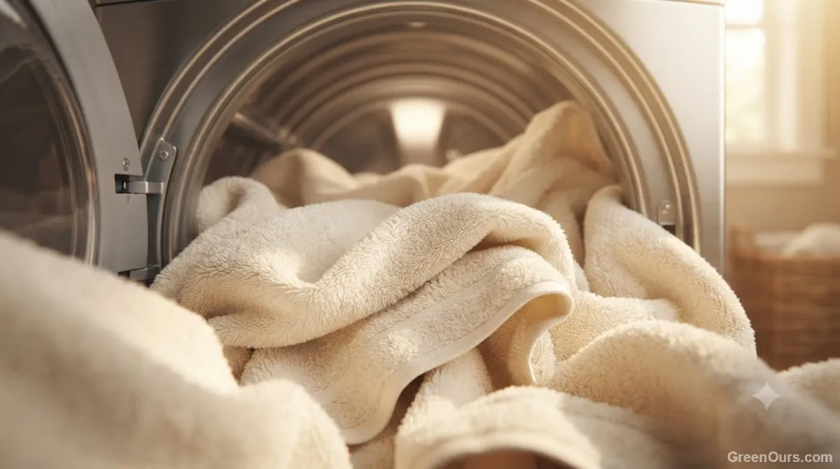 Bath towels tumbling separately in a dryer with visible space between each towel