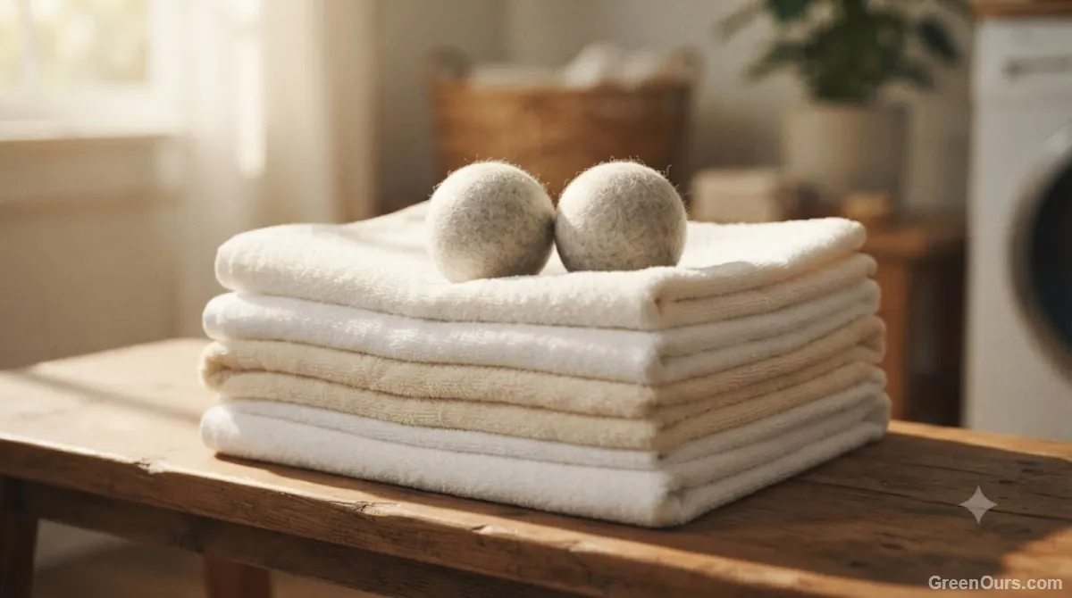Folded clean laundry stacked with wool dryer balls resting on top