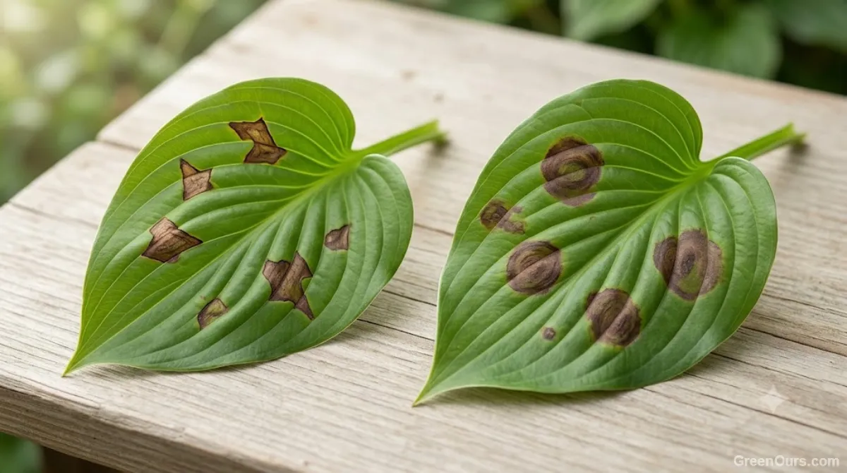 Close-up comparison of angular bacterial leaf spot lesions beside rounder fungal leaf spot lesions