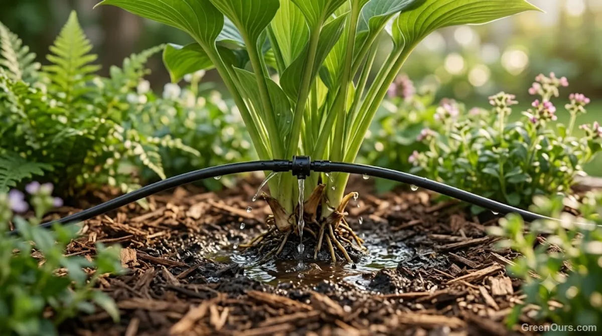 Drip irrigation line delivering water directly to soil at the base of a garden plant