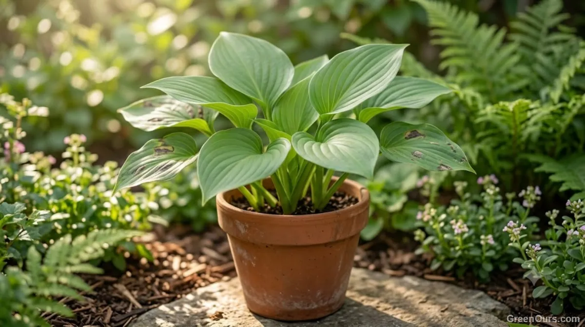 Healthy new leaf growth free of spots emerging on a recovering garden plant