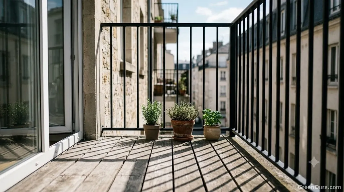 Close-up of terracotta and glazed ceramic planters holding fresh herbs on a balcony ledge