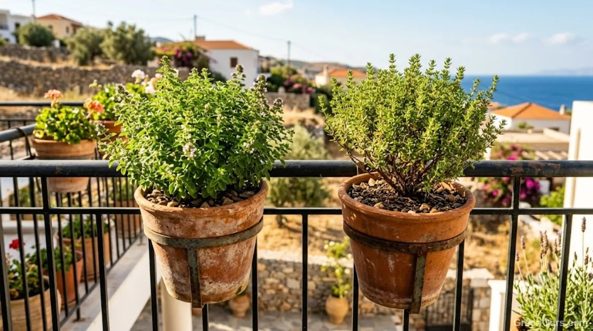 Gardener inspecting soil moisture in a potted balcony herb using a finger test