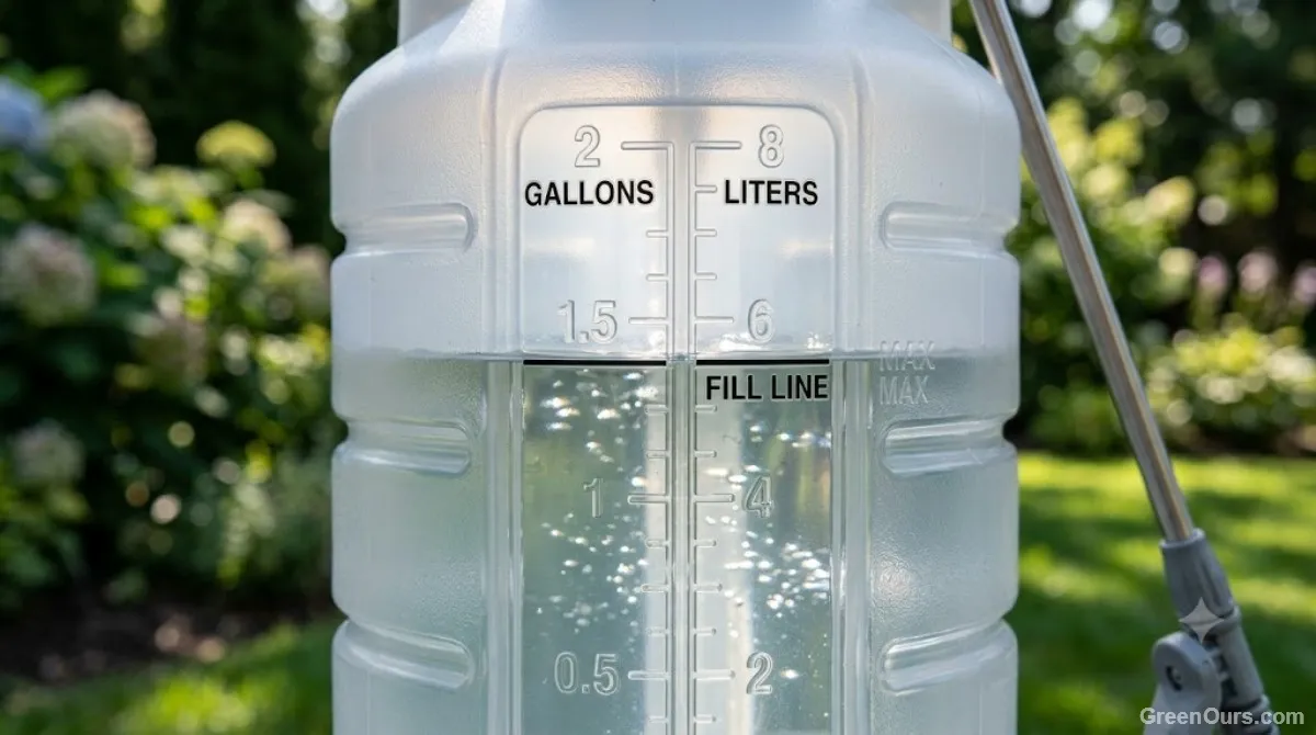Close-up of a garden sprayer tank showing volume markings and fill line