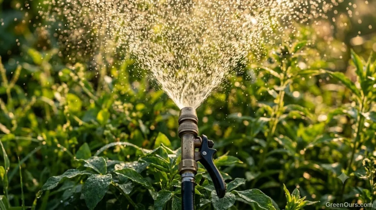 Fine, even mist from a sprayer nozzle covering green foliage