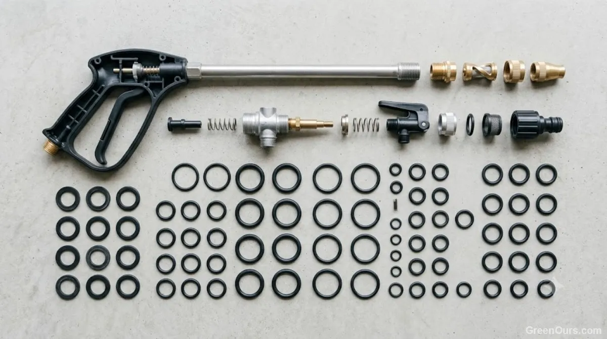 Disassembled sprayer wand and rubber seals laid out for cleaning