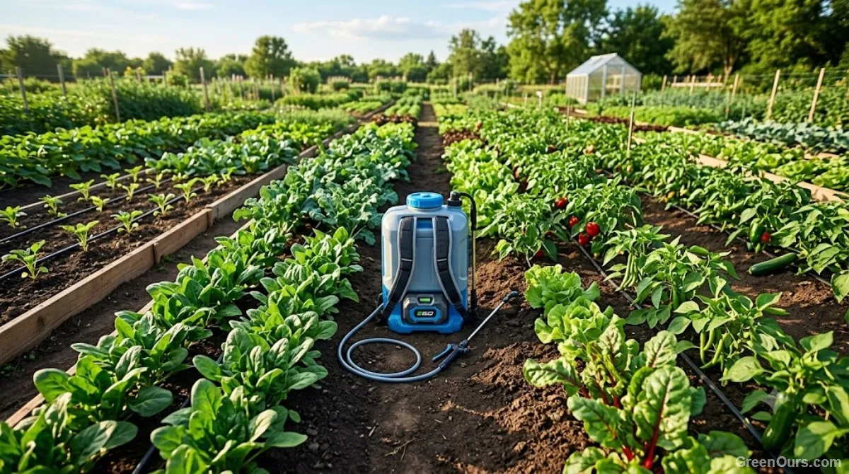 Battery-powered backpack sprayer being used across a garden bed