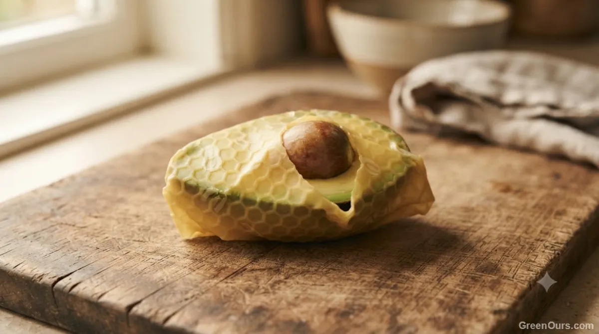 Hand molding a beeswax wrap around a cut avocado on a wooden counter
