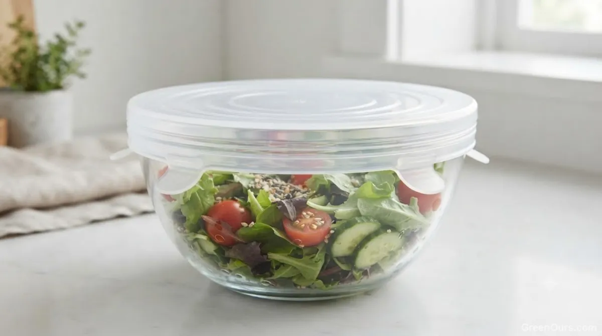 Silicone lid stretched tightly over a glass bowl of leftover food