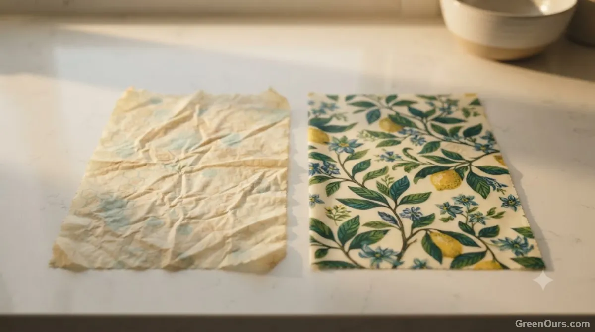 Worn beeswax wrap with faded color next to a newer, brighter wrap