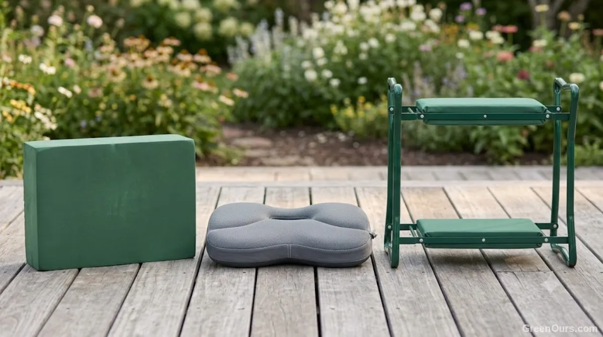 Gardener using a kneeling pad while weeding a low garden bed