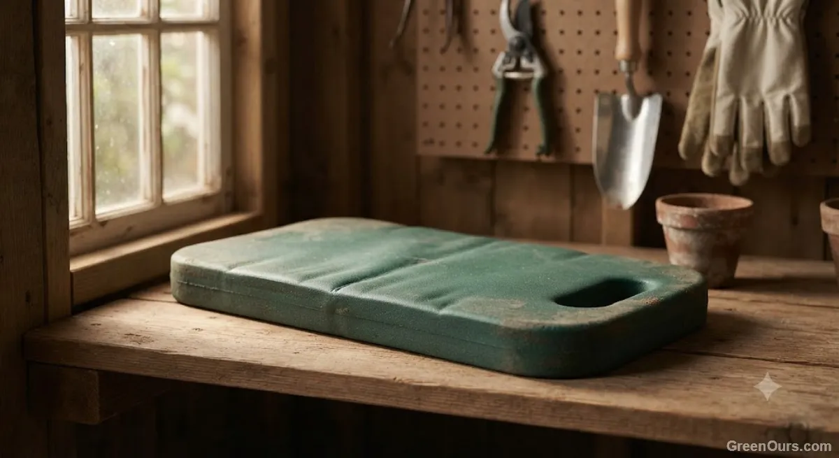 Worn but intact garden kneeling pad stored on a shelf in a garden shed