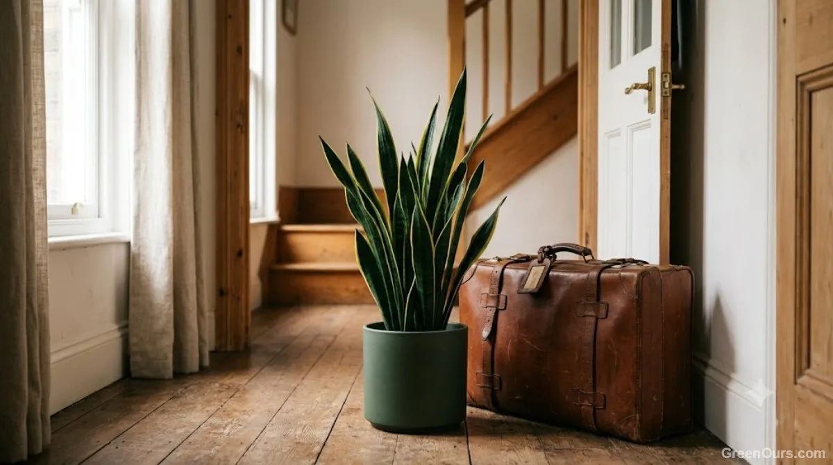 A suitcase packed beside a snake plant, representing travel-friendly houseplant care