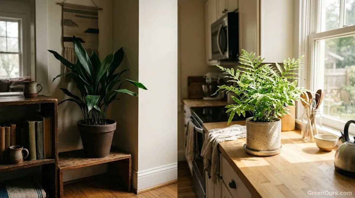 Two houseplants shown side by side, one low-maintenance in a corner and one on a counter getting daily attention