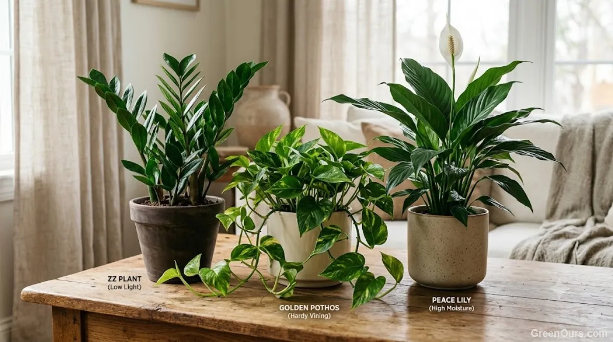 A grouping of a ZZ plant, a pothos, and a peace lily arranged together