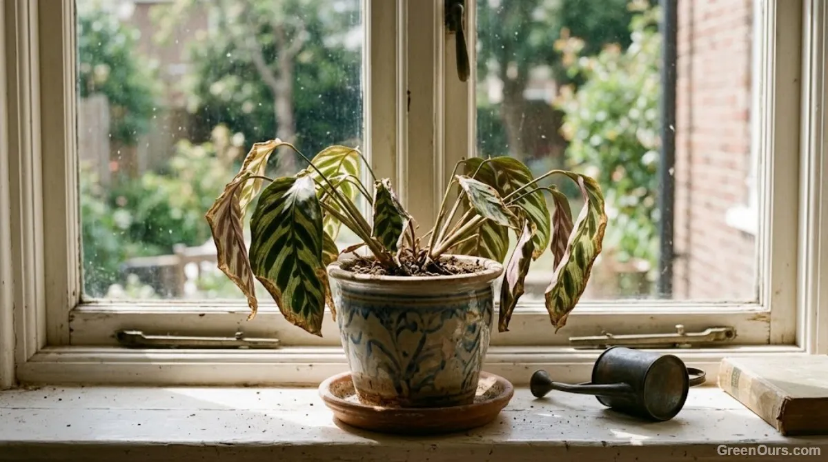 A slightly drooping houseplant on a windowsill showing signs of neglect