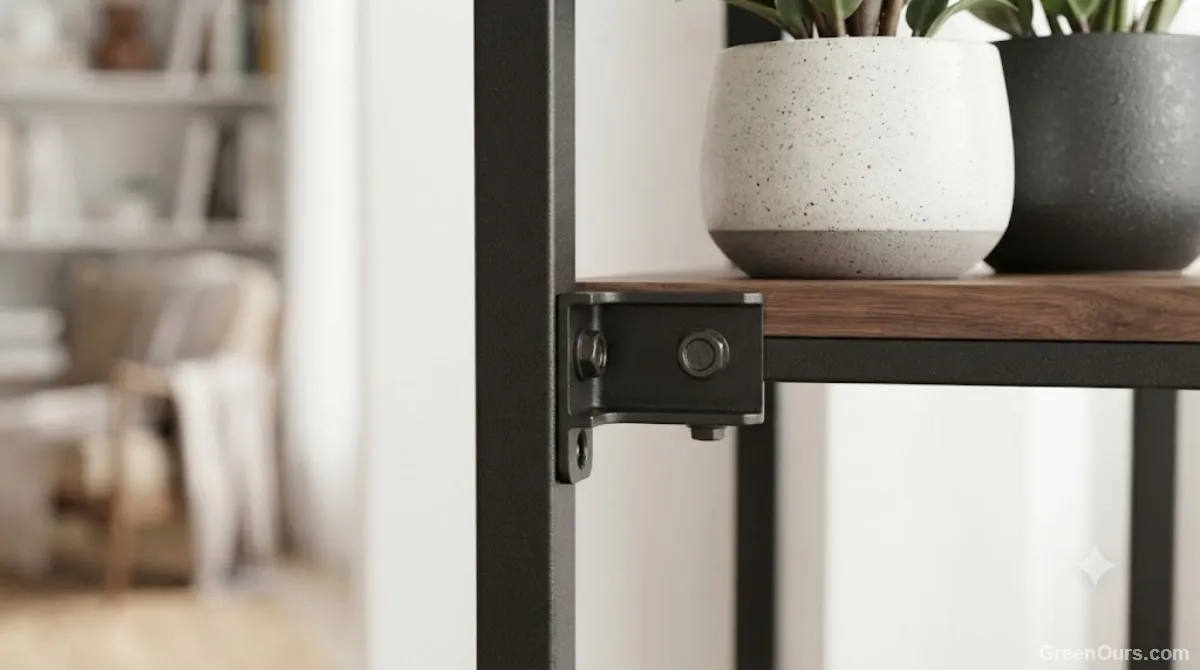 Close-up of a plant stand's metal frame joinery and finish