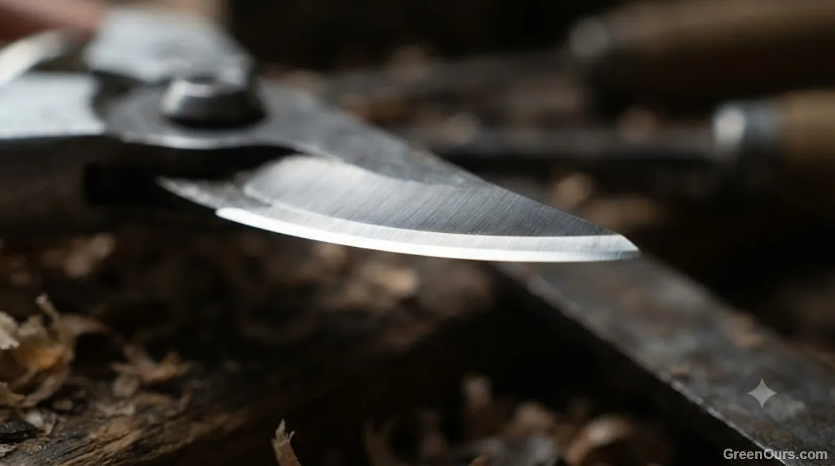 Close-up of a pruner blade edge catching light along its bevel