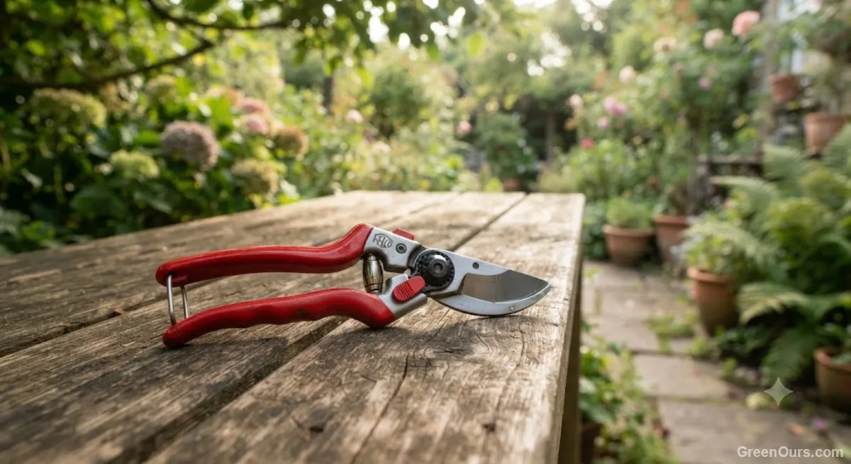 A clean, oiled pair of bypass shears resting on a garden bench