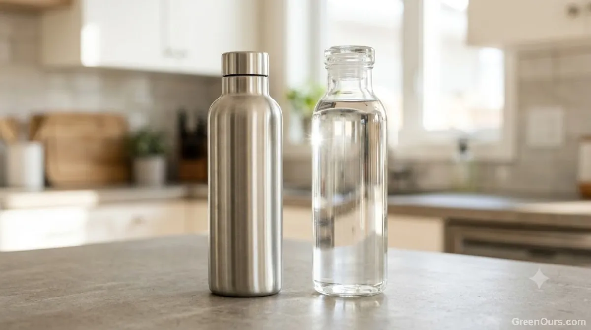 A well-worn stainless steel water bottle with visible dents from years of use