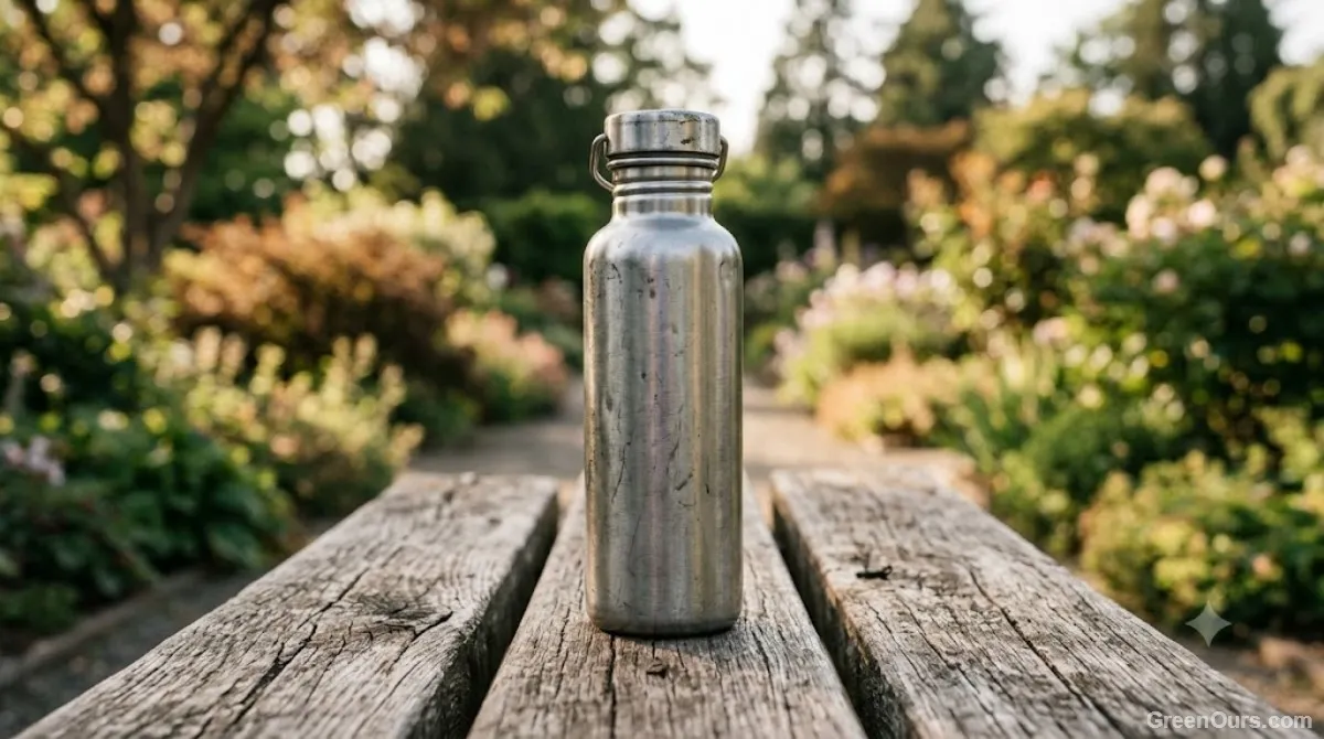 A single well-used water bottle sitting alone on a sunlit windowsill