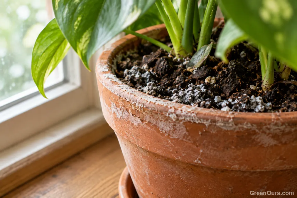 White mineral crust buildup on soil surface and terracotta pot rim from hard water