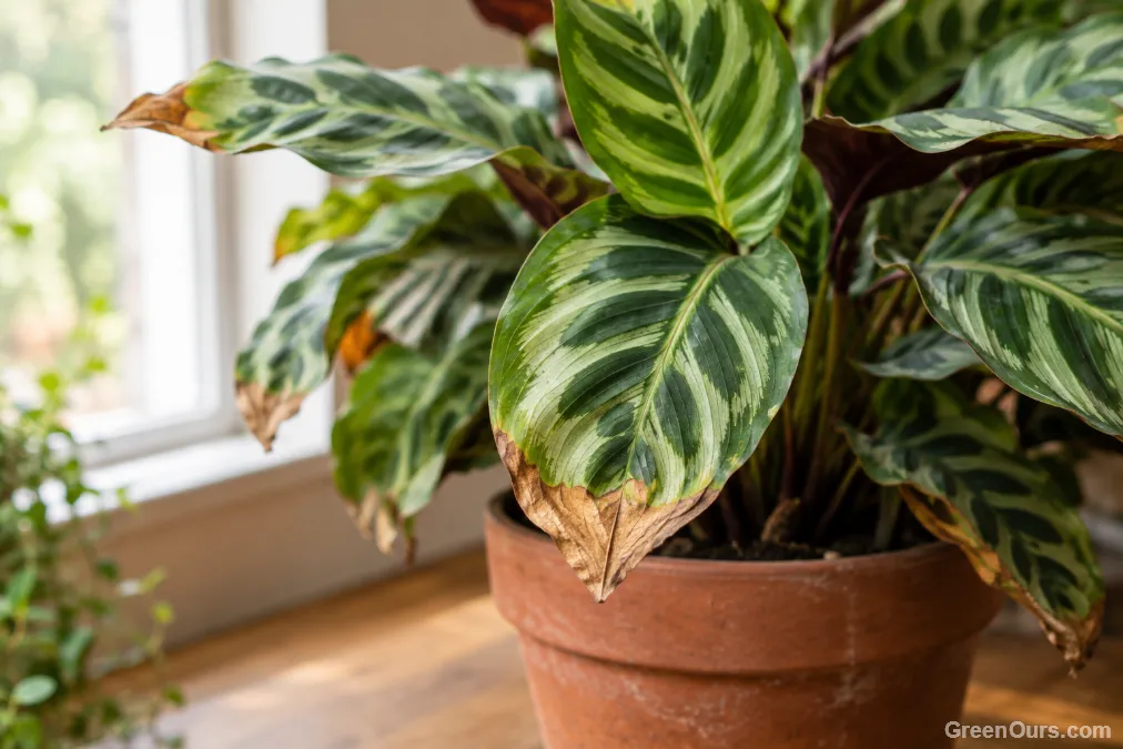 Calathea leaf showing brown, crisped tips from water sensitivity