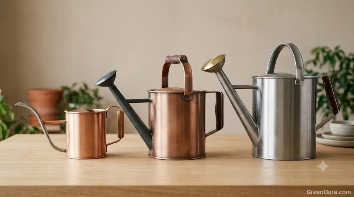 Watering can resting on a windowsill beside a row of healthy potted plants