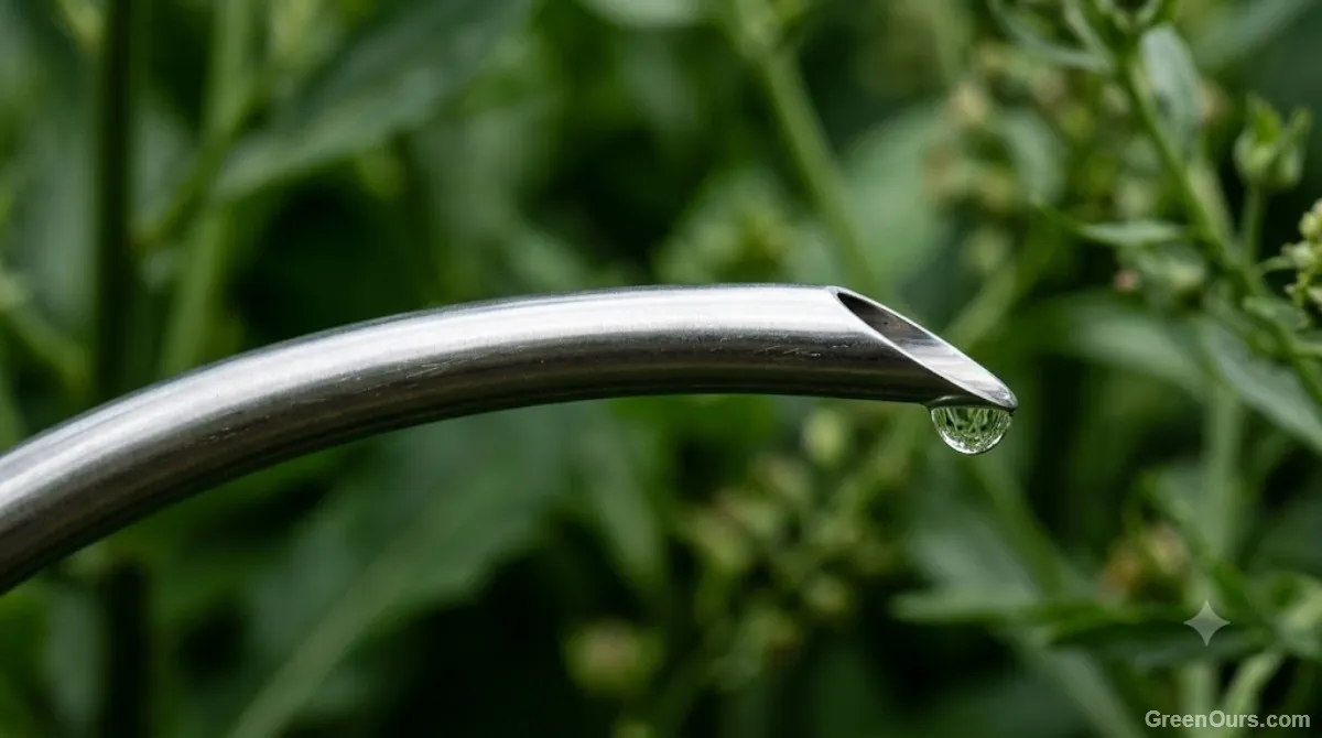 Watering can pouring a thin controlled stream into a potted plant's soil